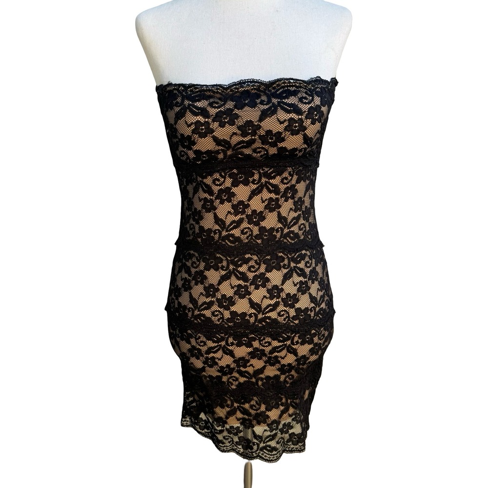 Pretty Good Coquette Whimsigoth Black Floral Lace Strapless Bodycon Mini Dress